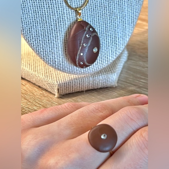 Handmade Red Jasper with CZ Diamonds Necklace Ring Set - Picture 7 of 10